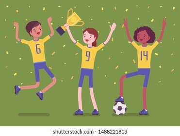 Football winner team with trophy. Young happy female athletes in uniform celebrating victory, group of players holding first prize after successful sport match. Vector flat style cartoon illustration