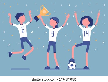 Football winner team with trophy. Young happy female athletes in uniform celebrating victory, group of players holding prize after successful sport match. Vector illustration with faceless characters