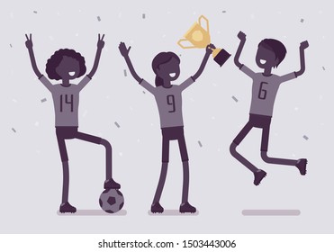 Football winner team with trophy. Young happy female athletes in uniform celebrating victory, group of players holding prize after successful sport match. Vector illustration with faceless characters