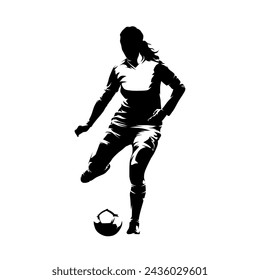 Football, woman playing soccer, female football player kicking ball, isolated vector silhouette, front view view