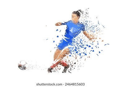 Football, woman playing soccer, isolated low poly vector illustration with dispersion effect