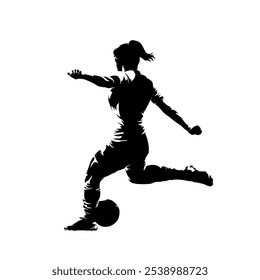 Fútbol, mujer que juega al fútbol, silueta aislada del Vector, dibujo de la tinta