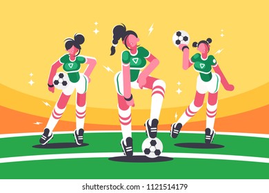 Football woman team. Girls with ball for soccer game. Vector illustration