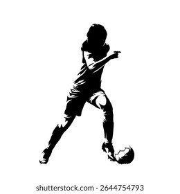 Futebol feminino, ilustração vetorial de uma adolescente jogando futebol, correndo com a bola em vista lateral. Alto contraste, pose dinâmica.