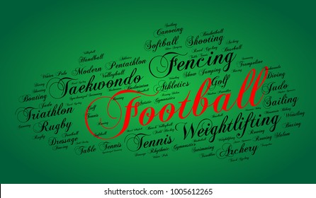 Football. Word Cloud , Elegant Cursive Font, Green Gradient Background. Summer Sports.