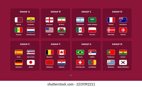 Football World championship groups. Flags of the countries participating in the 2022 soccer championship. Vector