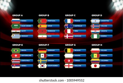 Football World championship groups. Vector country flags. 2018 soccer world tournament in Russia. World football cup. Nations flags info graphic.