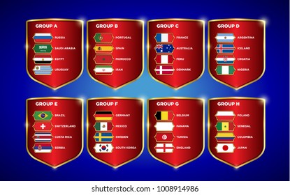 Football World championship groups. Vector country flags. 2018 soccer world tournament in Russia. World football cup. Nations flags info graphic.