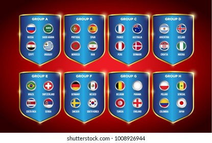 Football World championship groups. Vector country flags. 2018 soccer world tournament in Russia. World football cup. Nations flags info graphic.