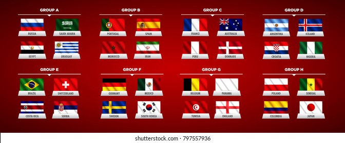 Football World championship groups. Vector country flags. 2018 soccer world tournament in Russia. World football cup. Nations flags info graphic.