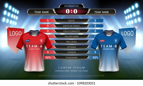 Football or World championship sport event, Soccer jersey mock-up and scoreboard match vs strategy broadcast graphic template, For presentation score or game results (Vector Eps10, fully editable)