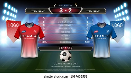 Football or World championship sport event, Soccer jersey mock-up and scoreboard match vs strategy broadcast graphic template, For presentation score or game results (Vector Eps10, fully editable)