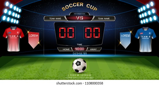 Football or World championship sport event, Soccer jersey mock-up with flag and scoreboard match vs strategy broadcast graphic template for score or game results (Vector Eps10, fully editable)
