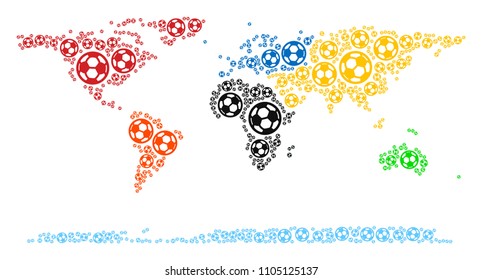 Football world continent map. Vector territory scheme made from soccer balls in variable sizes. Abstract world continent map concept is constructed with randomized soccer balls.
