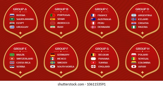 Football World cup Russia 2018 groups. Vector flag collection.