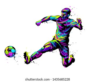 Footballer with the ball. Abstract, graphic, multi-colored image of a football player on a white background in pop art style with watercolor splashes.