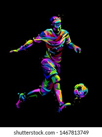 Footballer with the ball. Abstract, graphic, multi-colored image of a football player on a black background in pop art style with watercolor splashes.