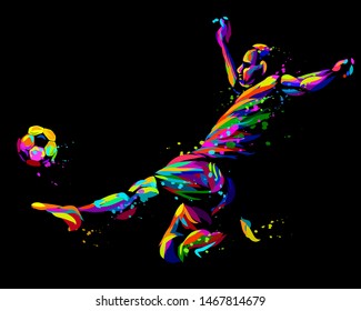 Footballer with the ball. Abstract, graphic, multi-colored image of a soccer player kicking the ball on a black background in pop art style with watercolor splashes.