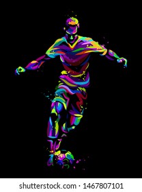 Footballer with the ball. Abstract multi-colored graphic image of a soccer player kicking the ball on a black background in pop art style with watercolor splashes.