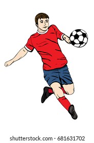 Footballer with a ball, vector hand drawing. Football player in a red blue uniform runs and scores a goal. Isolated on white background. Vector illustration