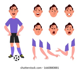 footballer cartoon character set for your animation, design or motion with different facial emotions and hands