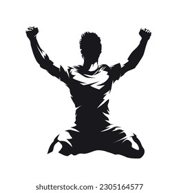 Footballer celebrates a goal, gets down on his knees and clenches his fists. Soccer player celebrating a goal, isolated vector silhouette