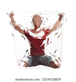 Footballer celebrates a goal, gets down on his knees and clenches his fists. Soccer player celebrating a goal, low poly isolated vector illustration from triangles