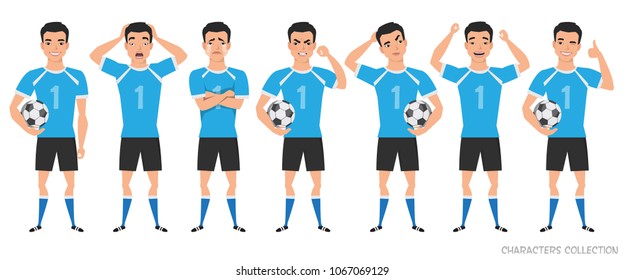 Footballer character constructor. asian soccer player different postures, emotions set