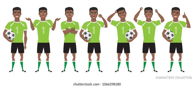 Footballer character constructor. black african american soccer player different postures, emotions set