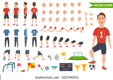 Footballer character constructor. Soccer player different postures, legs, hands,  hairstyle, face, football uniform, boots. Vector illustration