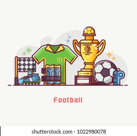 Footballer lifestyle banner with soccer training equipment and playing elements. Football championship concept with winner trophy cup, soccer ball, flag and other game essentials in flat design.