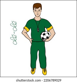 Footballer. A man playing football. Boy holding a ball. Hand-drawn doodle soccer illustration.	

