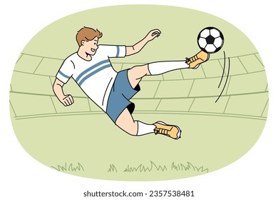 Footballer player kick ball at field. Footballer in uniform score goal in match. Sport and game concept. Vector illustration.