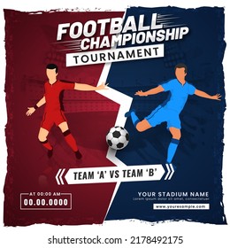 Footballer Players Of Participate Team A VS B On Abstract Red And Blue Background For Championship Tournament Concept.