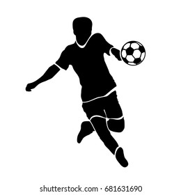 Footballer silhouette. Black football player outline with a ball, running and scoring goal, isolated on white background. Vector illustration