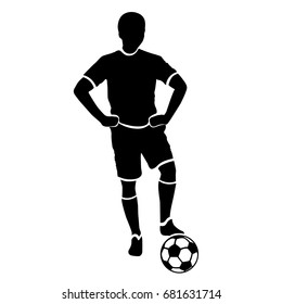 Footballer silhouette. Black football player outline with a ball, isolated on white background. Vector illustration