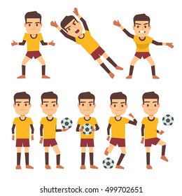 Footballer, soccer player, goalkeeper in different gaming poses set of vector flat characters. Sportsman playing in football illustration