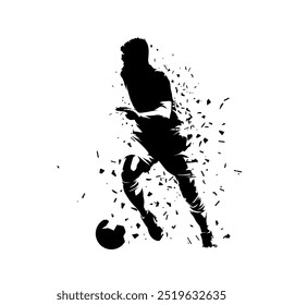 Footballer, soccer player running with ball, abstract isolated vector silhouette. Football ink drawing, blacks spotted illustration