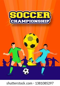 Footballers character with champion trophy for Soccer Championship template or flyer design.