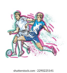 Footballers on the move, the game. Hand drawing with spots and blotches, glitch effect, 