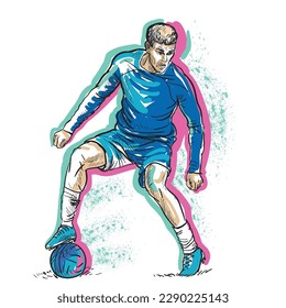 Footballers on the move, the game. Hand drawing with spots and blotches, glitch effect, 