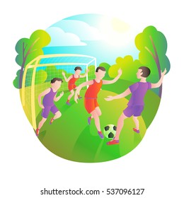 footballers playing outdoors. Football field, players and ball. Goalkeeper at the gate.