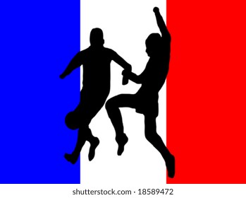 Footballers in silhouette against a red white and blue french flag design