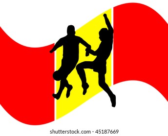 Footballers in silhouette against a red and yellow spanish flag design