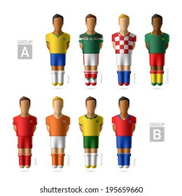 Footballers, soccer players. Group A and B - Brazil 2014. Vector.