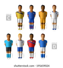 Footballers, soccer players. Group C and D - Brazil 2014. Vector.