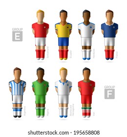 Footballers, soccer players. Group E and F - Brazil 2014. Vector.