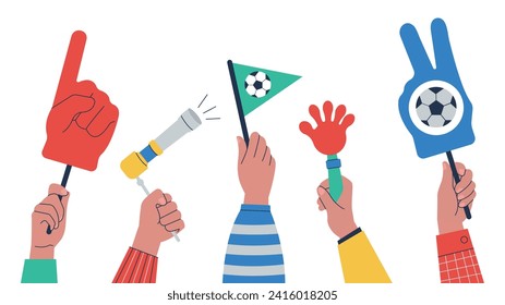 Footballs fans hand. Foam finger, flag and trumpet. Isolated soccer championship objects. Fan support sport team on competition, decent vector banner