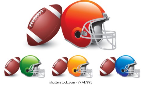 Footballs leaning against multiple colored football helmets