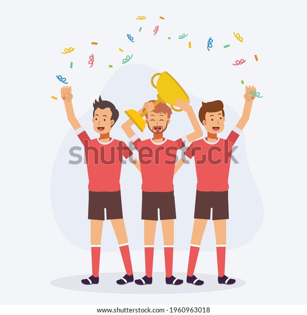 football,soccer team players celebrating
trophy golden cup they just won. football league champions
concept.flat vector cartoon character
illustration